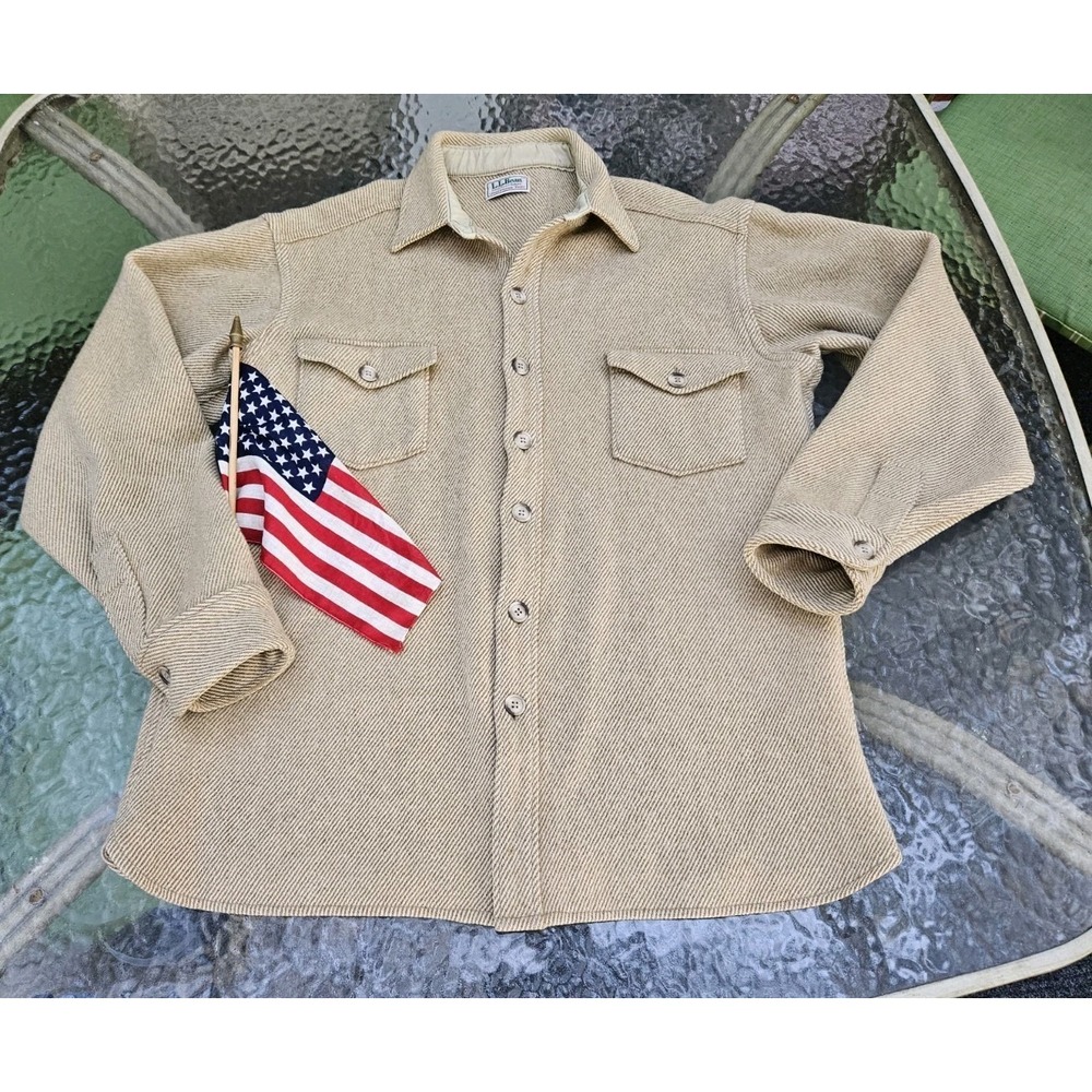 LL Bean Northwoods Shirt Wool Herringbone Tweed Vintage 70s Camel Shacket Large